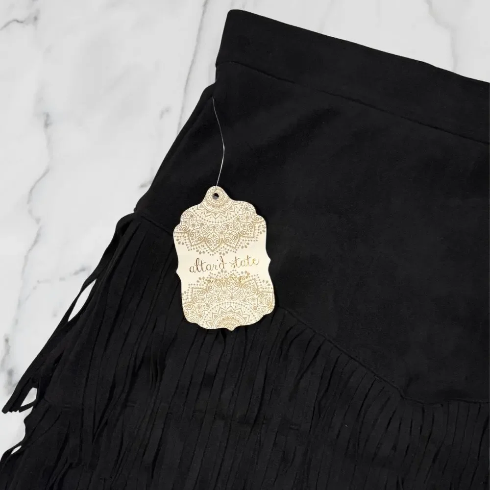 Altar'd State Black Faux Suede Tiered Fringe Western Mini Skirt Size Small